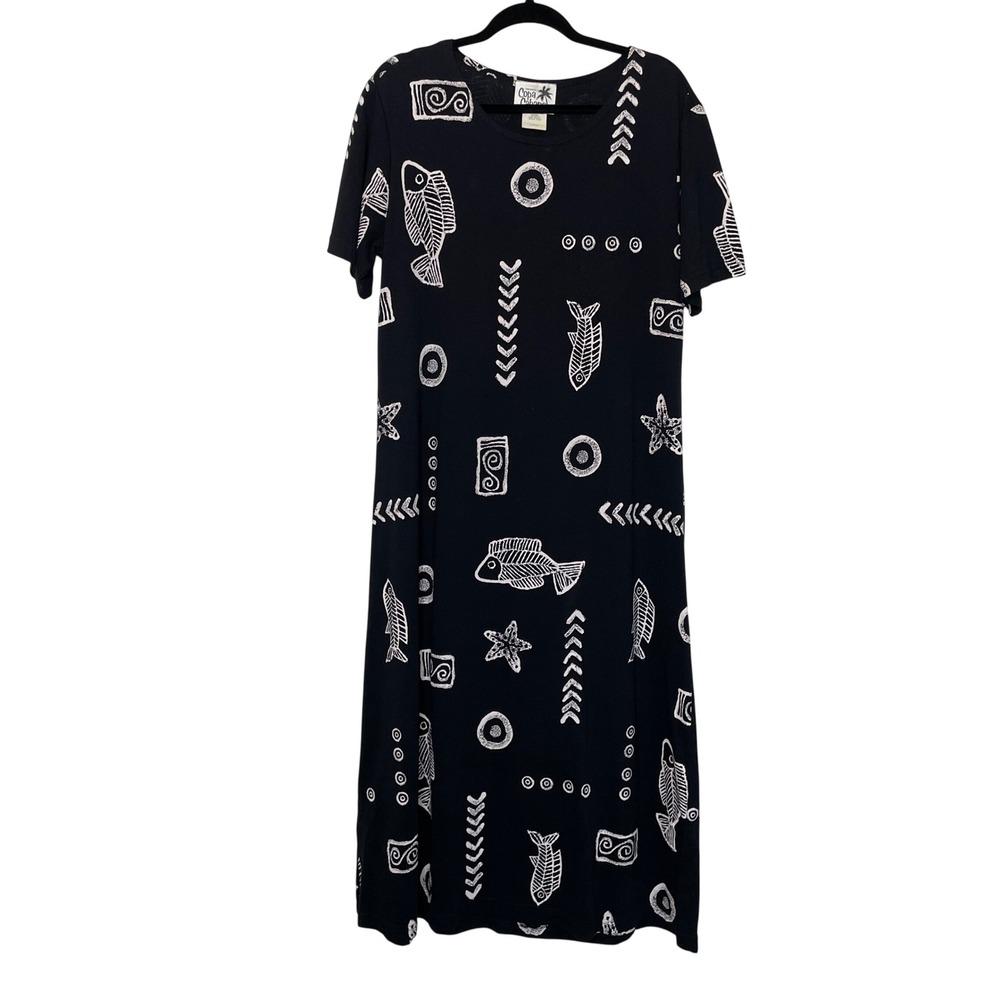 Copa Cabana Maxi Dress Women Large Sea Life Print Vintage USA Lagenlook